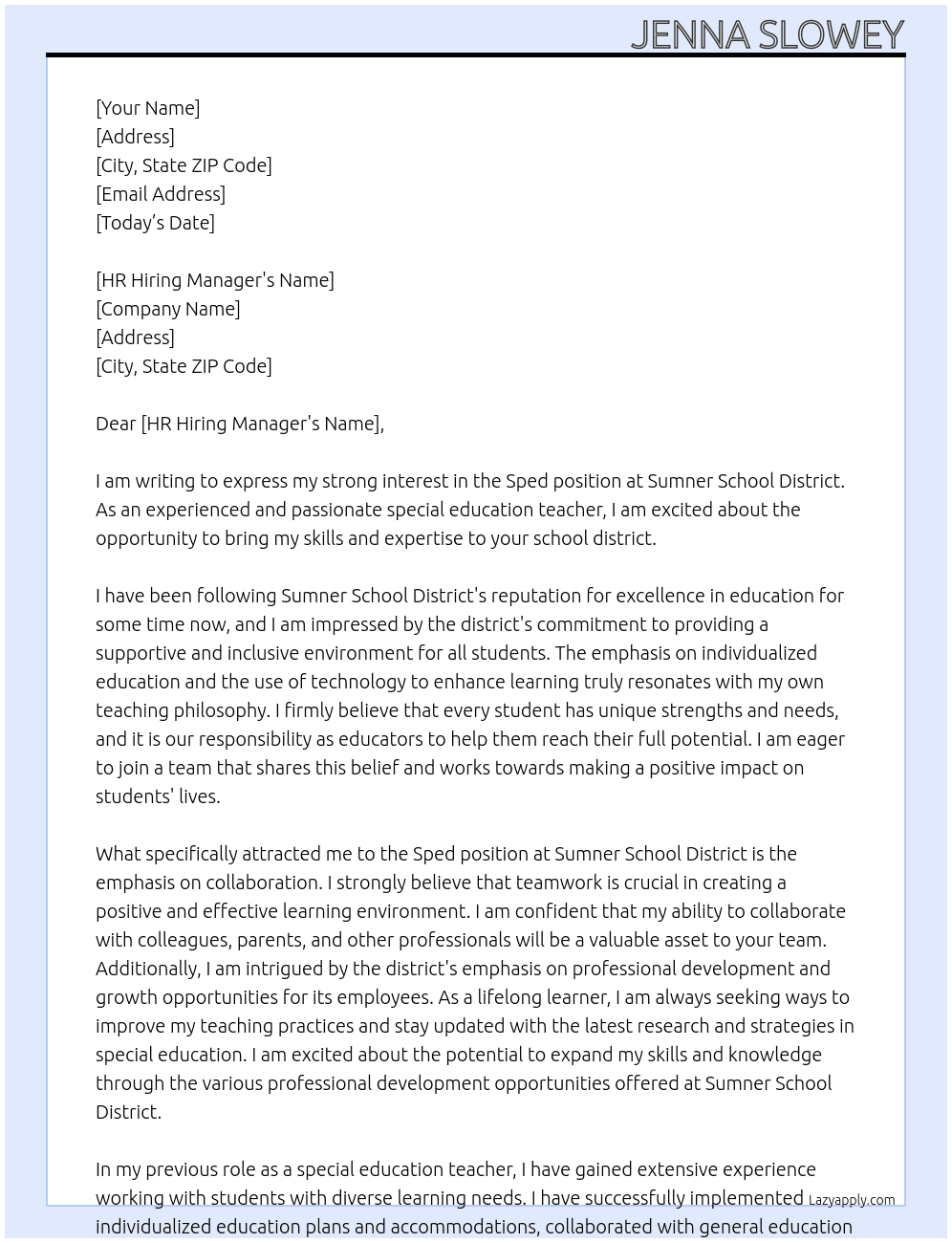 Sped At Sumner school distric Cover Letter