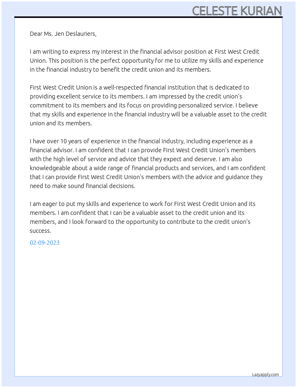 Financial Advisor At First West Credit Union Cover Letter