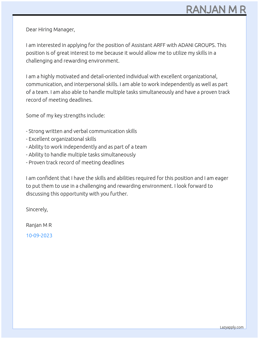 Assistant ARFF At ADANI GROUPS Cover Letter