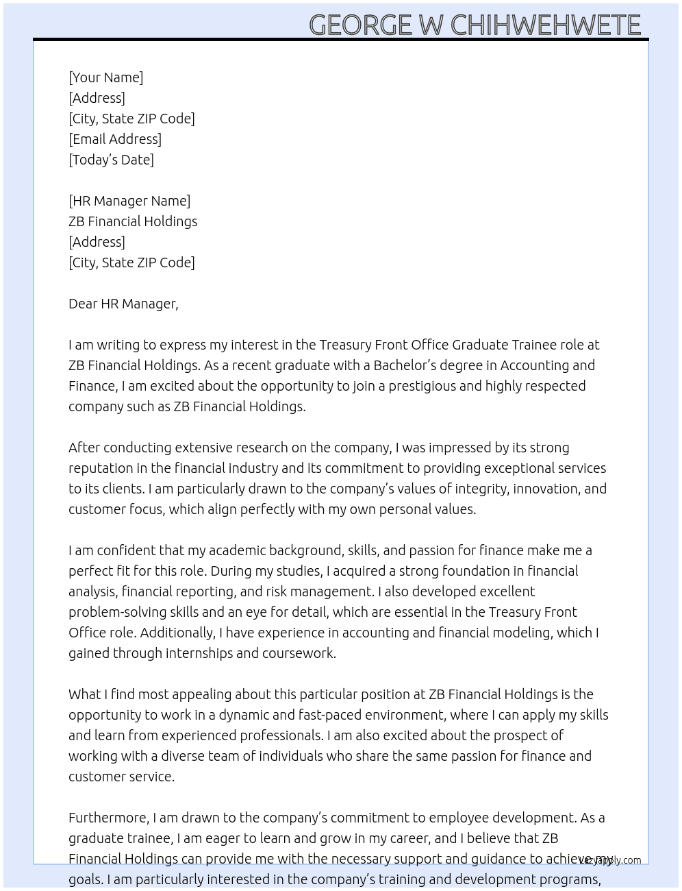 Treasury Front Office  At ZB Financial Holdings  Cover Letter