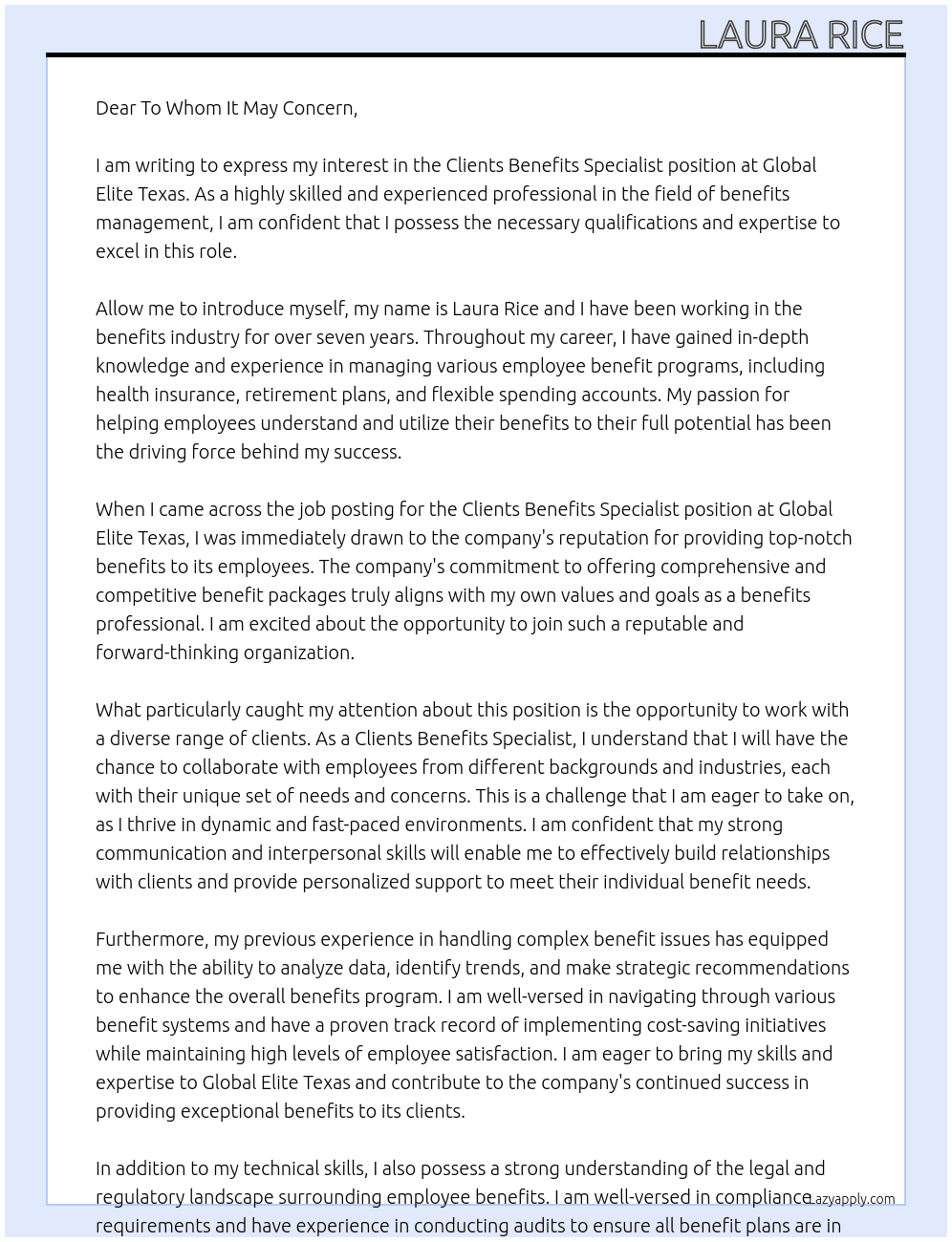 Clients Benefits Specialist At Global Elite Texas Cover Letter