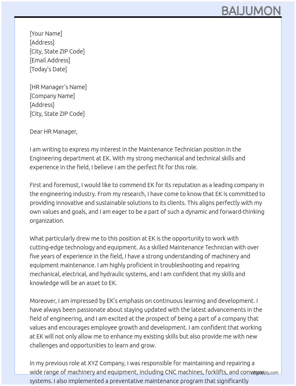 Maintenance Technician - Engineering At EK Cover Letter