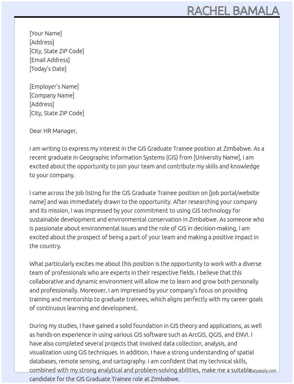 GIS Graduate Trainee At Zimbabwe Cover Letter