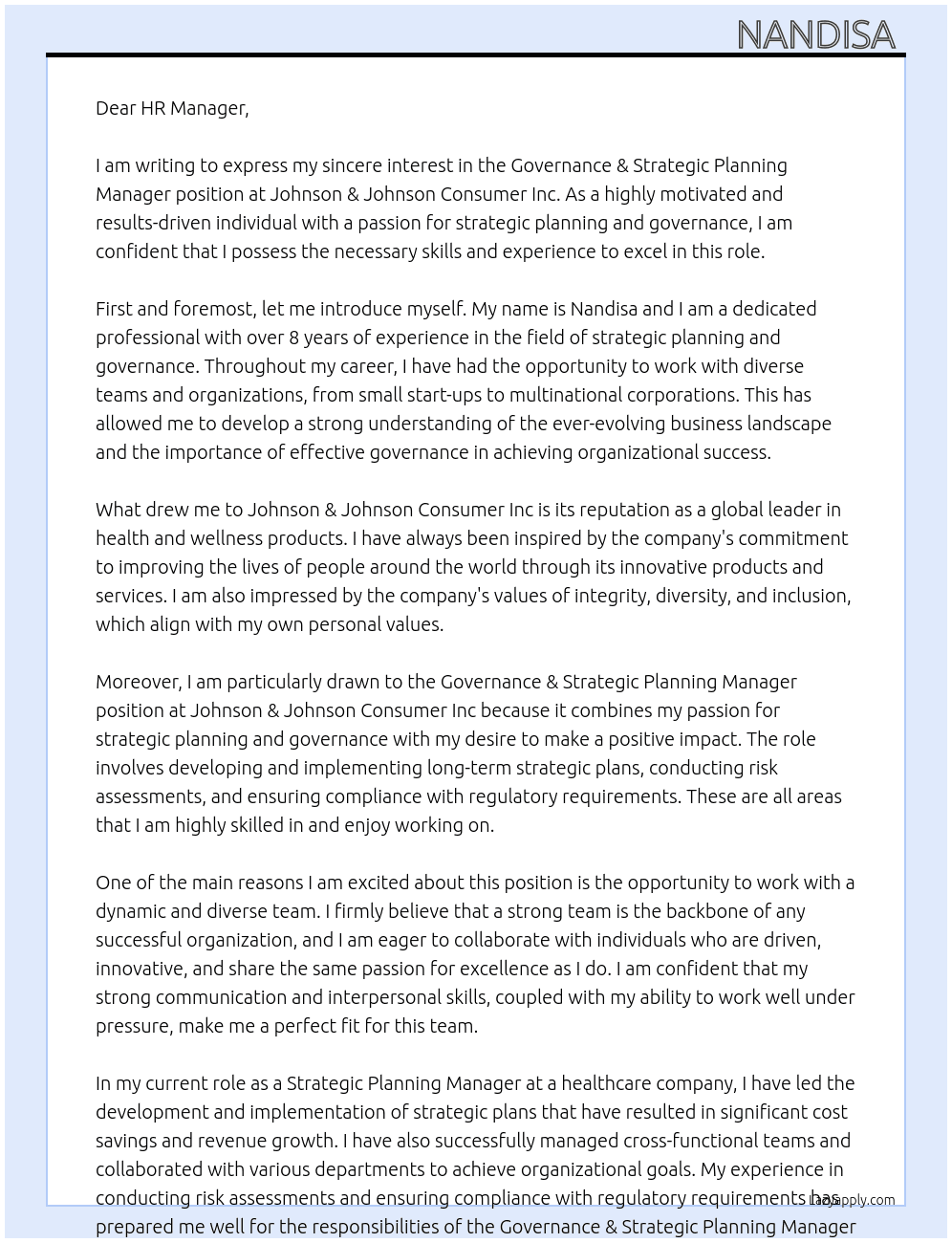 Governance & Strategic Planning Manager At Johnson & Johnson Consumer Inc Cover Letter