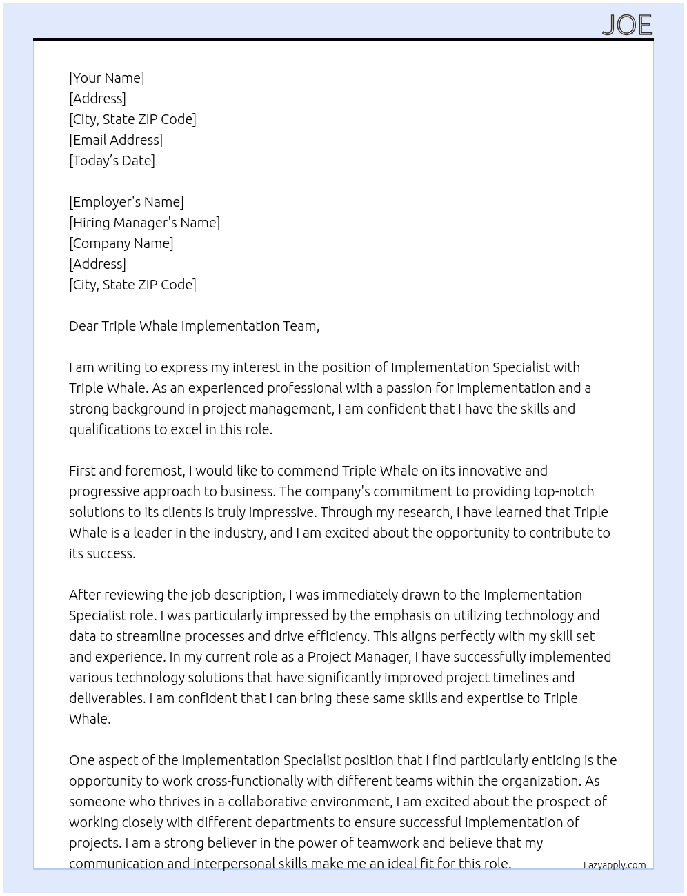 Implementation Specialist At Triple Whale Cover Letter