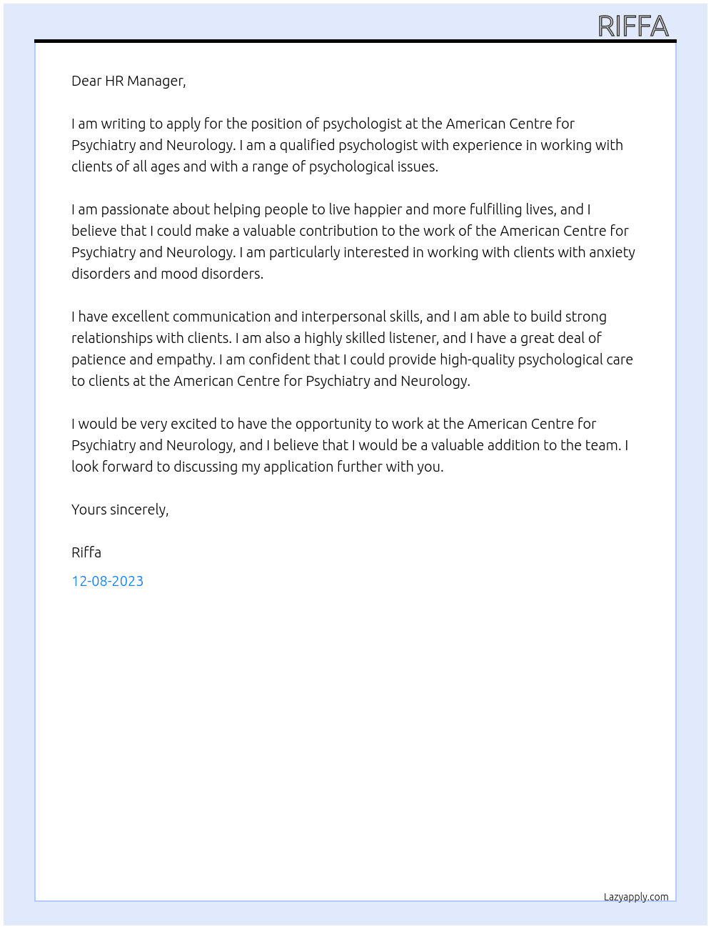 psychologist At American Centre for Psychiatry and Neurology Cover Letter