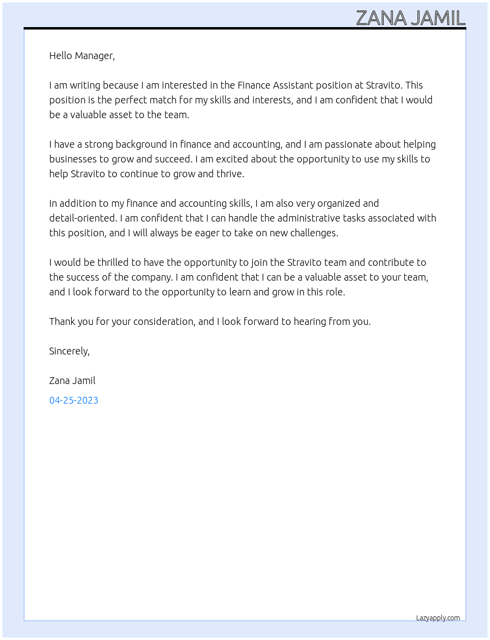Finance Assistant At Stravito Cover Letter