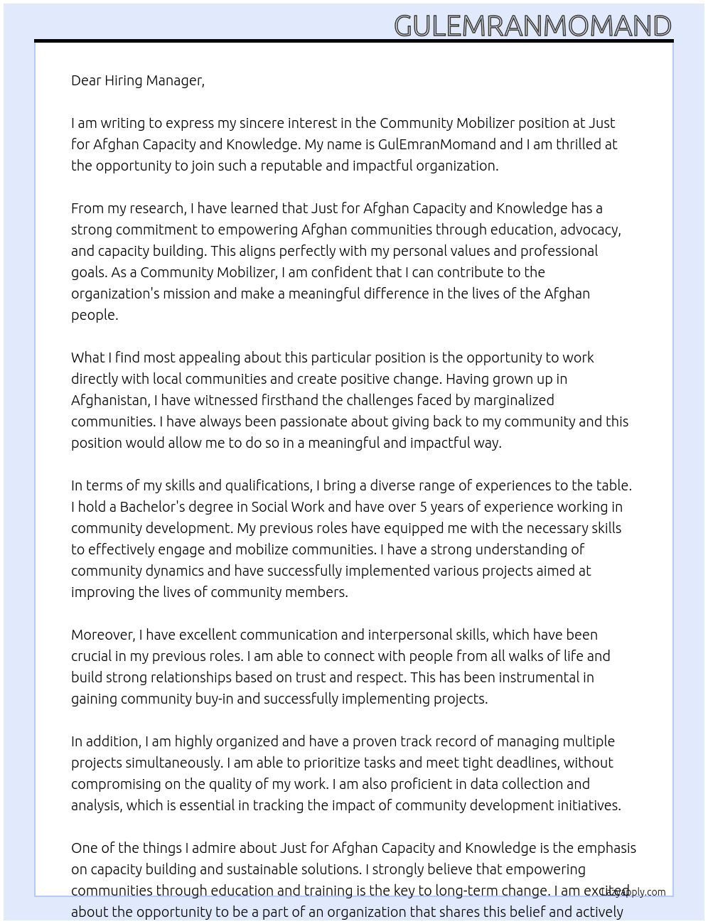 CommunityMobilizer At Just for Afghan Capacity and Knowledge Cover Letter