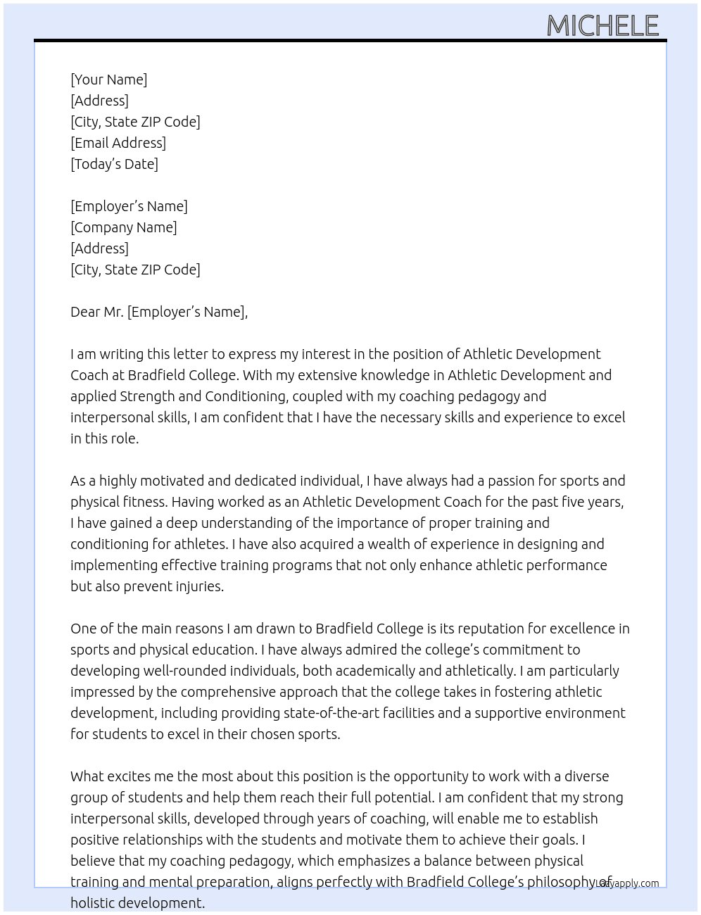 Athletic development coach  At Bradfield College Cover Letter