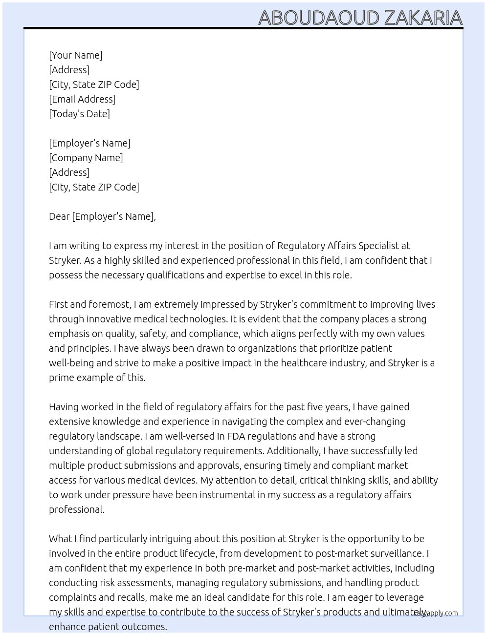 regulatory affairs specialist At Stryker Cover Letter