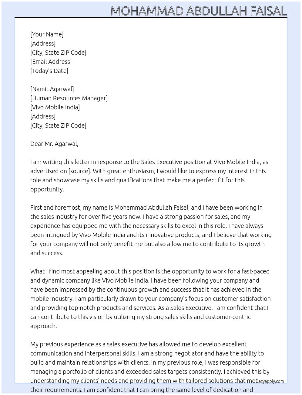sales excevtive At vivo mobile india  Cover Letter