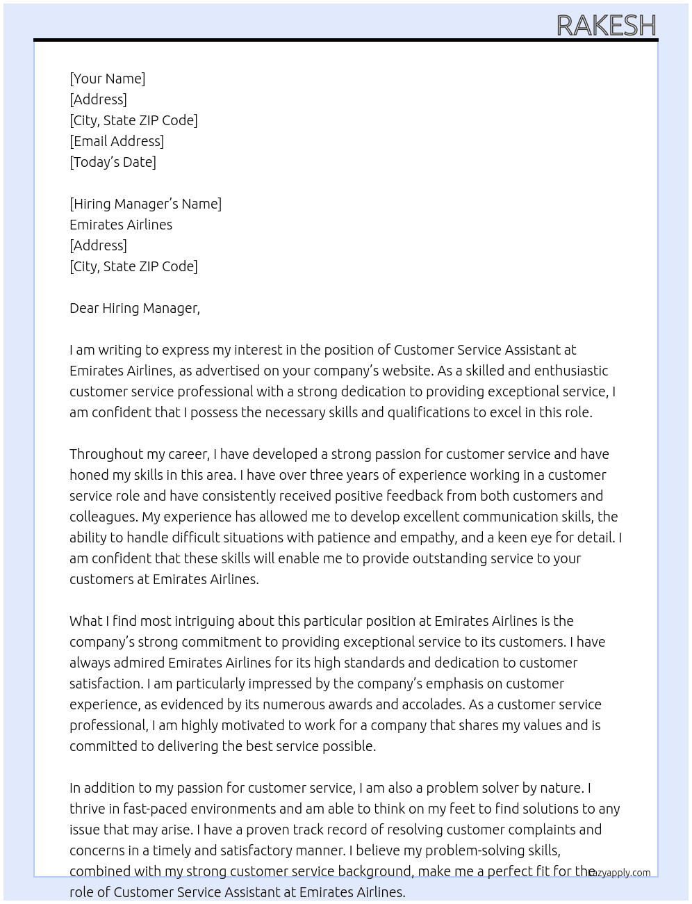 Customer service assistant At Emirates airlines Cover Letter