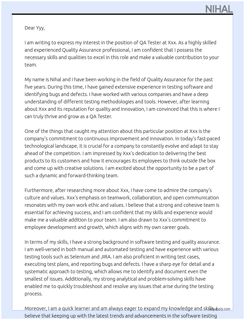 QA Tester At Xxx Cover Letter