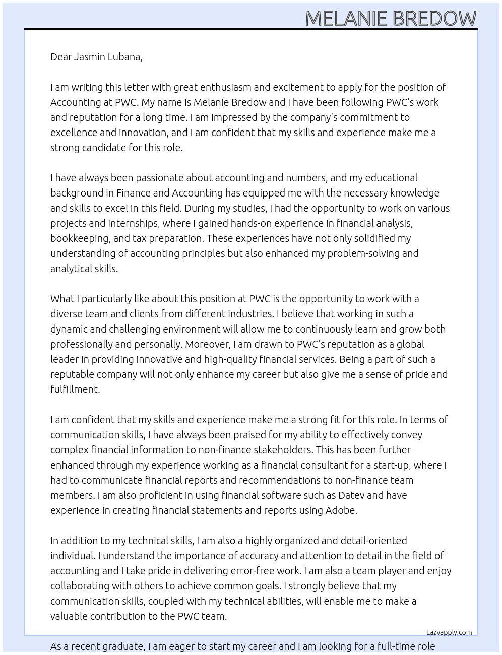 Accounting At PWC Cover Letter