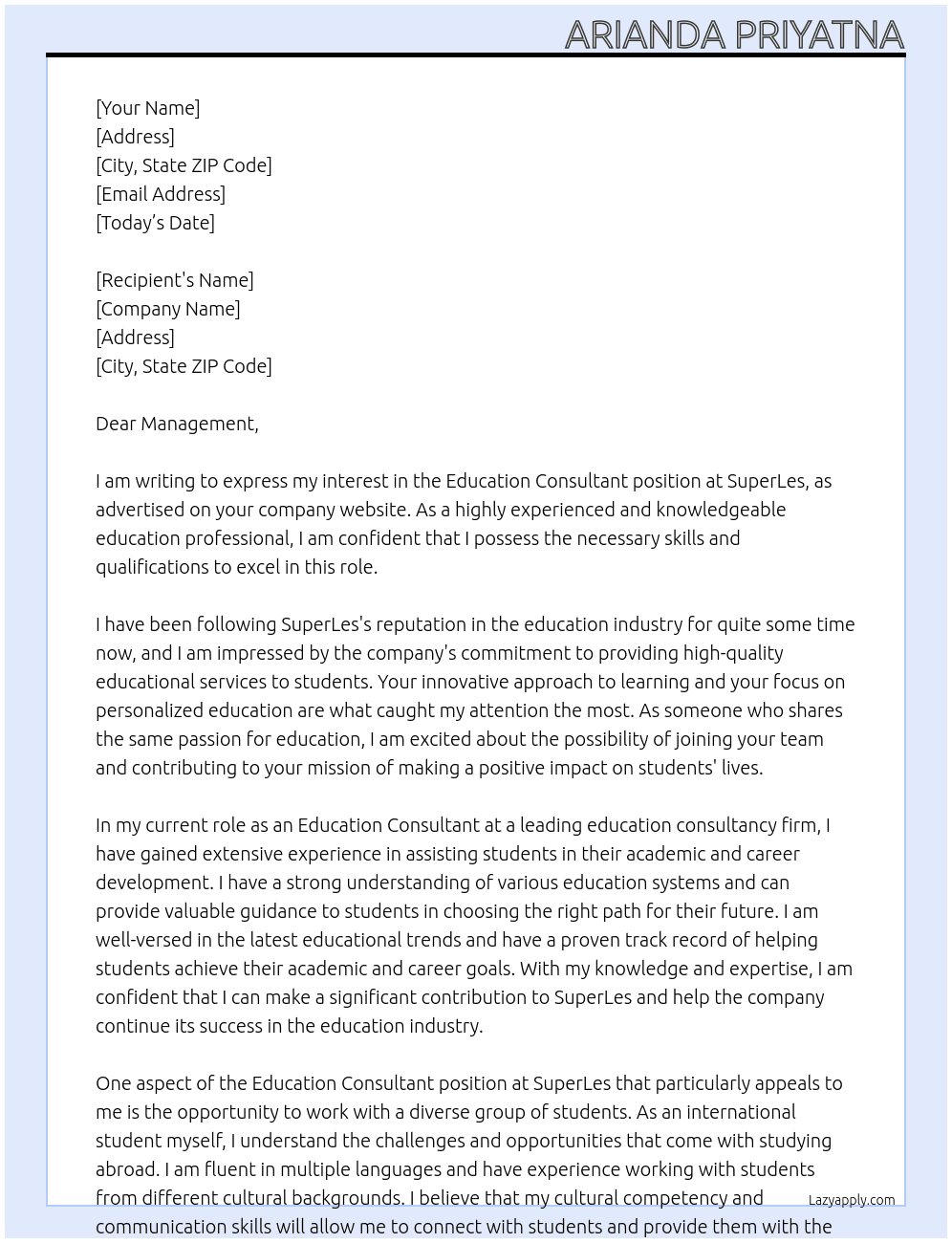 Education Consultant At SuperLes Cover Letter