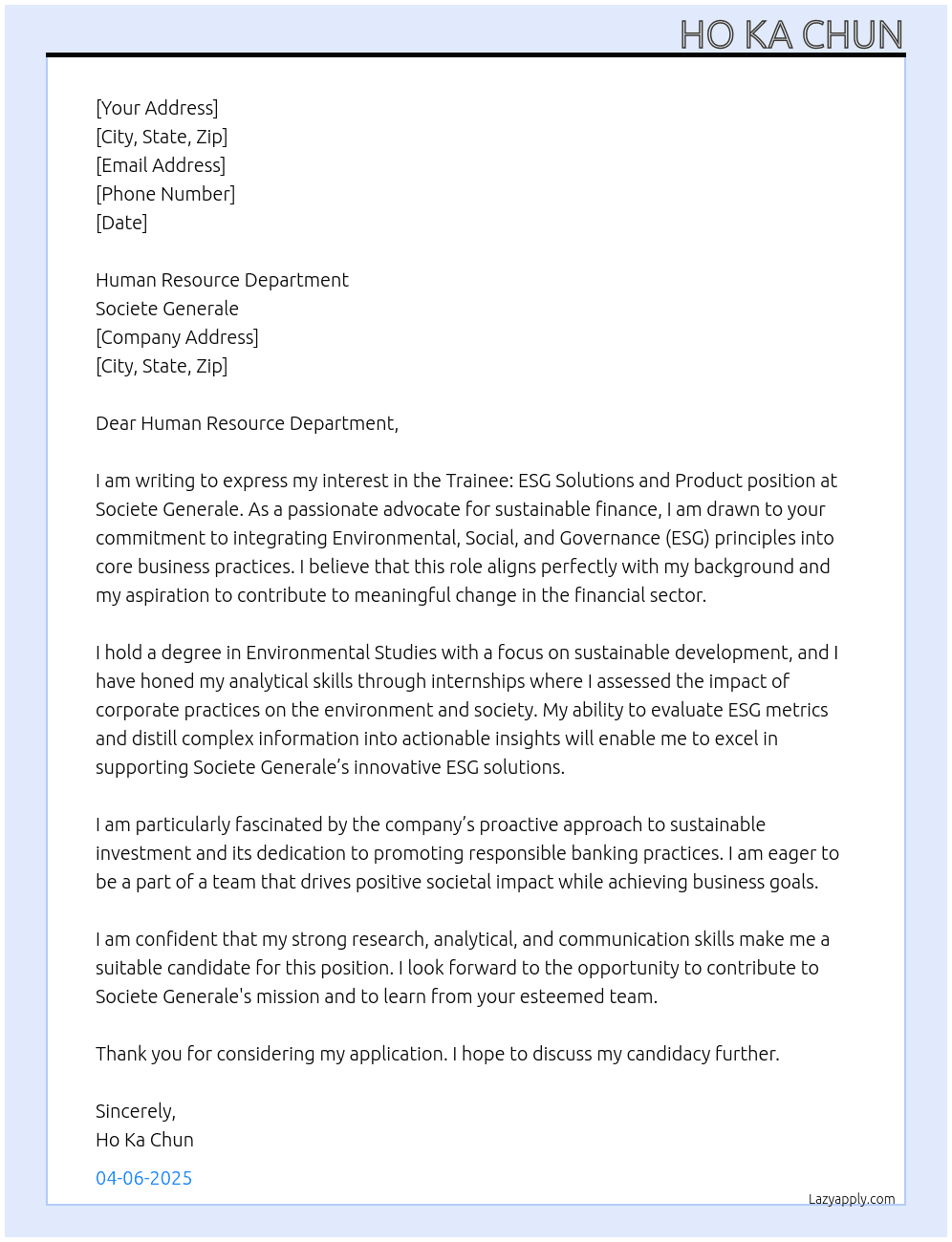 TRAINEE: ESG Solutions and Product At Societe Generale Cover Letter