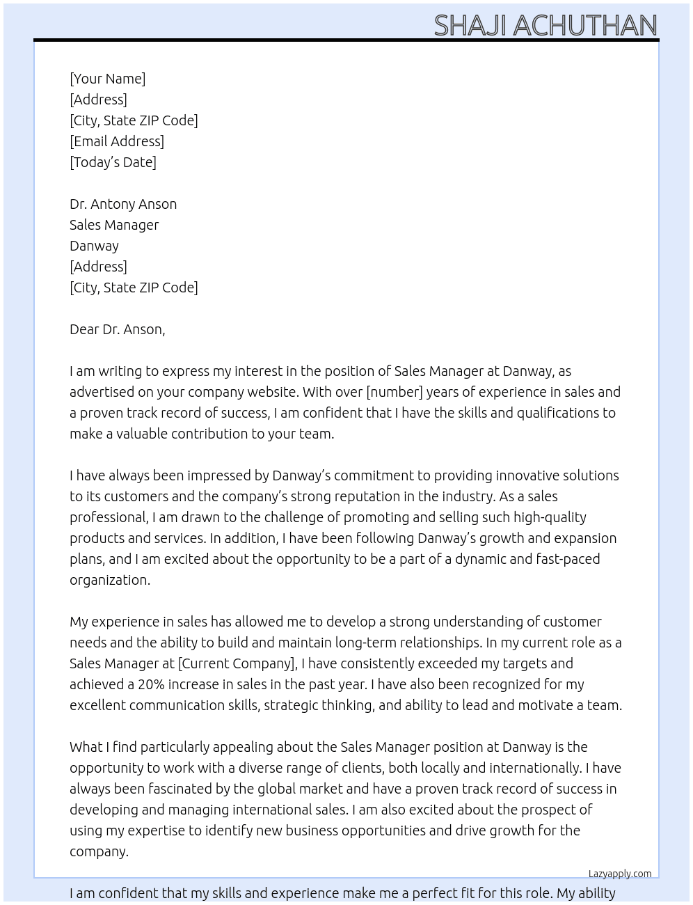 Sales Manager At Danway Cover Letter