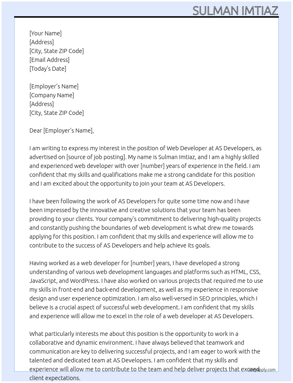 web developers At AS Developers Cover Letter