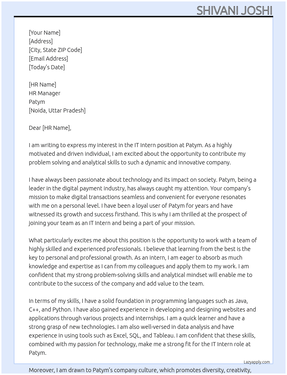 IT INTERN At Patym Cover Letter