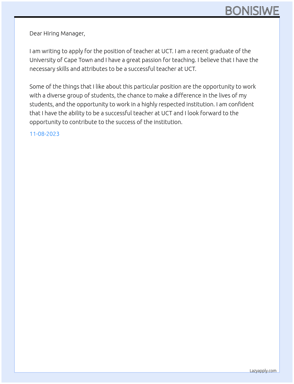 teacher At UCT Cover Letter
