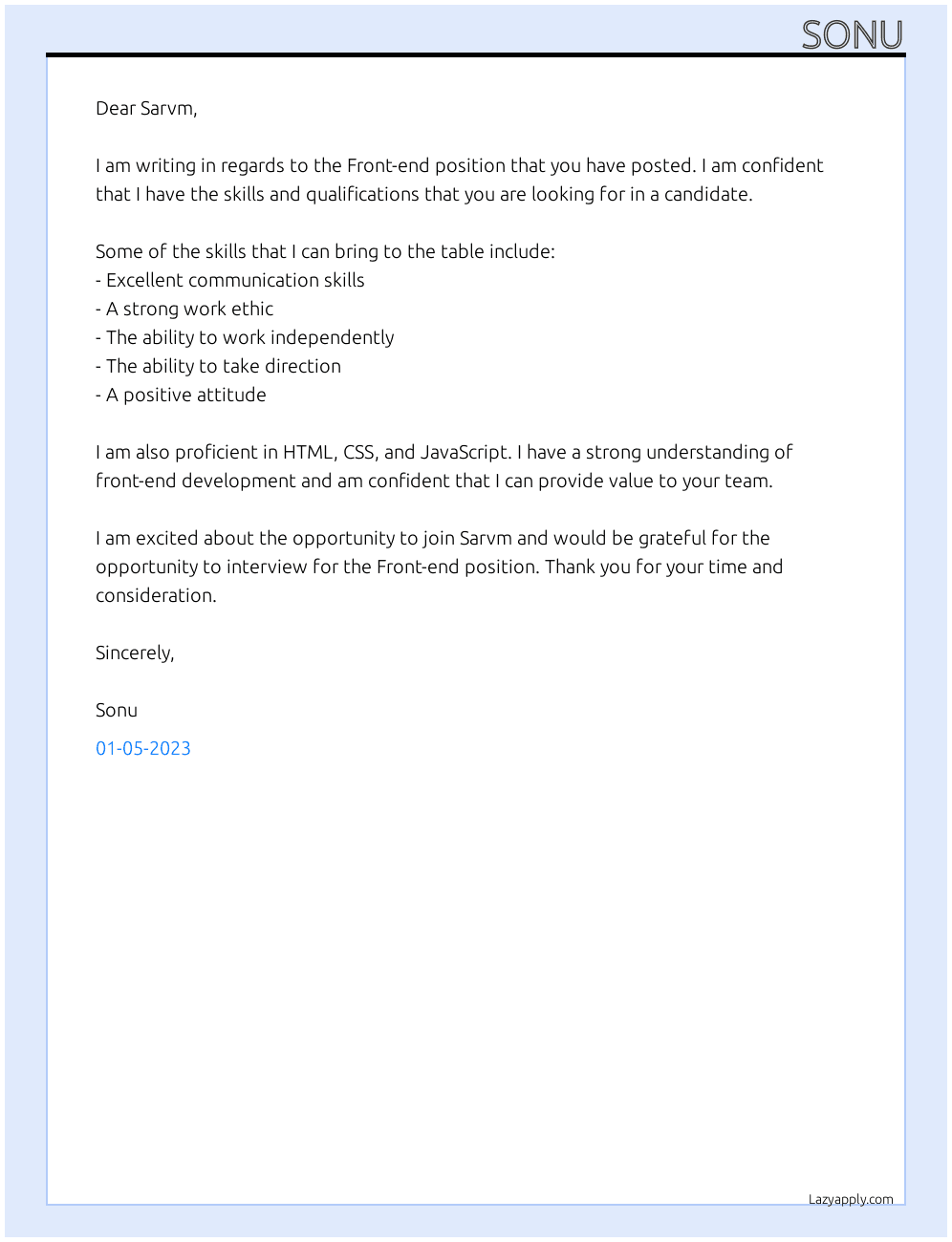 Front-end  At Sarvm Cover Letter