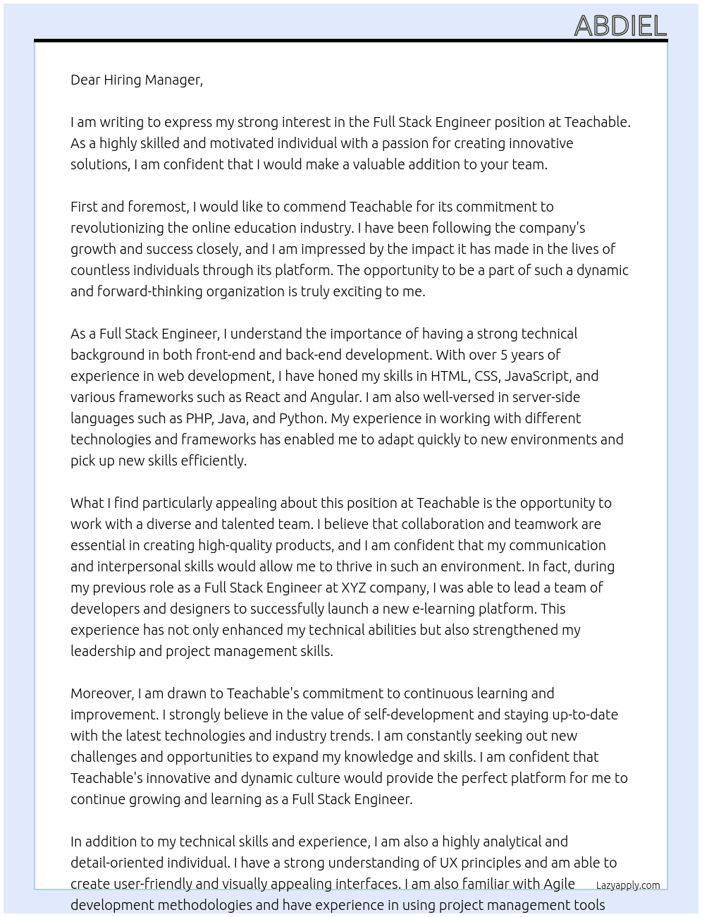 Full Stack Engineer At Teachable Cover Letter
