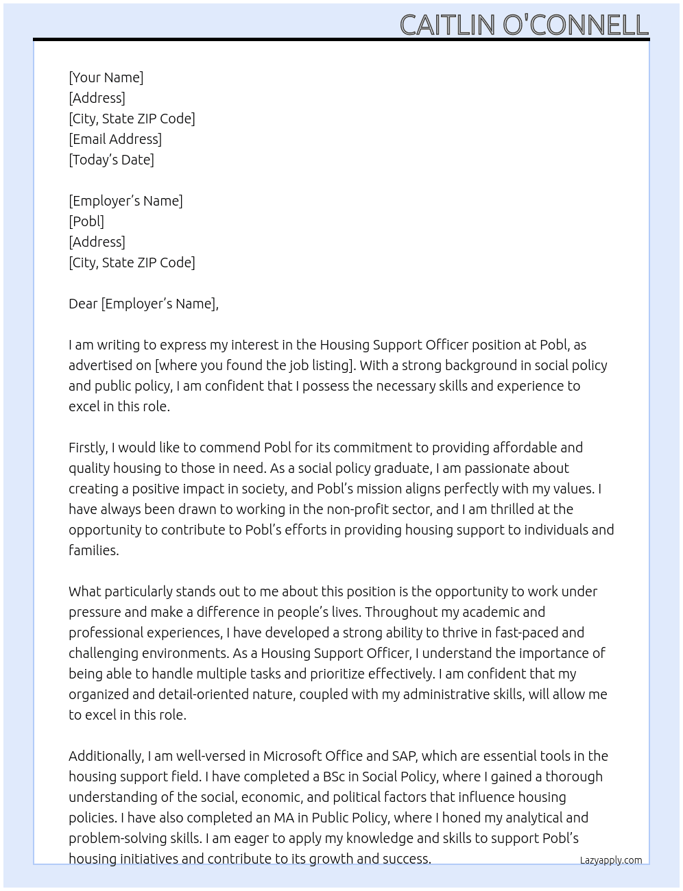 Housing Support Officer  At Pobl Cover Letter