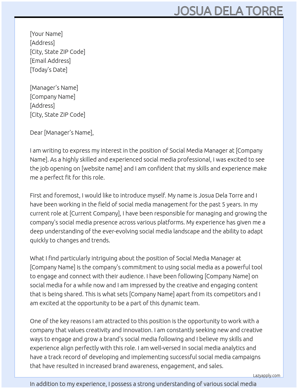 Social media manager At Manager Cover Letter