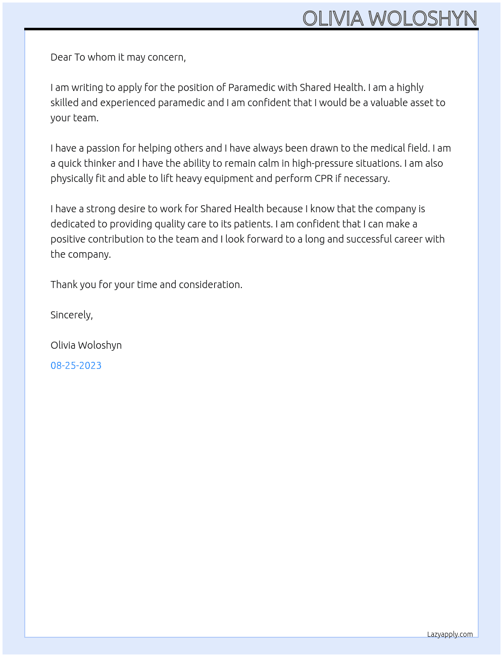 Paramedic At Shared Health Cover Letter