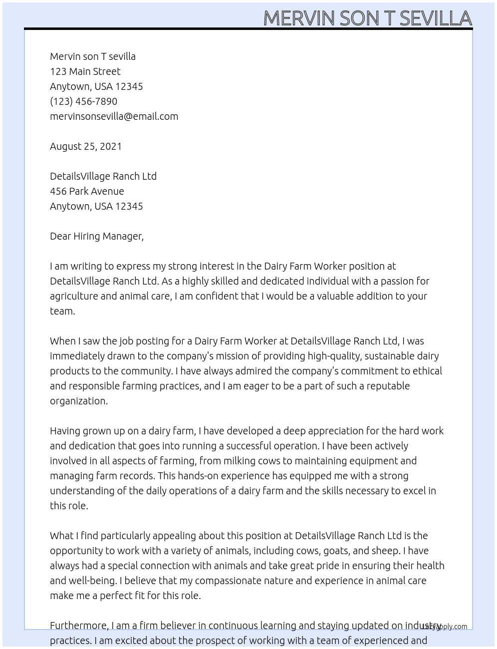 Dairy farm worker At detailsVillage Ranch Ltd Cover Letter