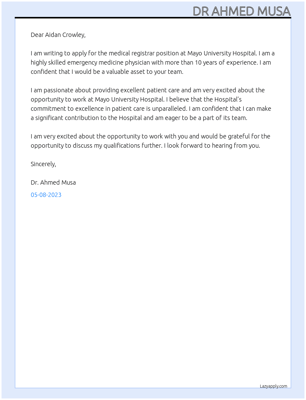 medical registrar At Mayo University Hospital Cover Letter