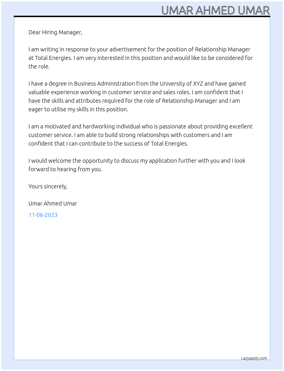 Relationship manager  At Total Energies Cover Letter