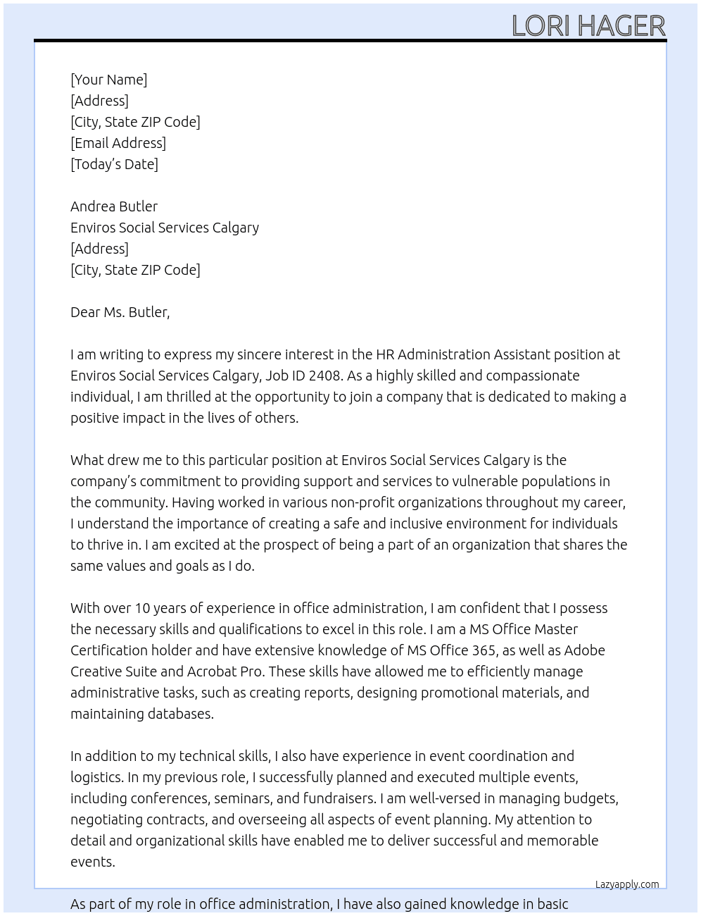HR Administration Assistant, Job ID 2408 At Enviros Social Services Calgary Cover Letter