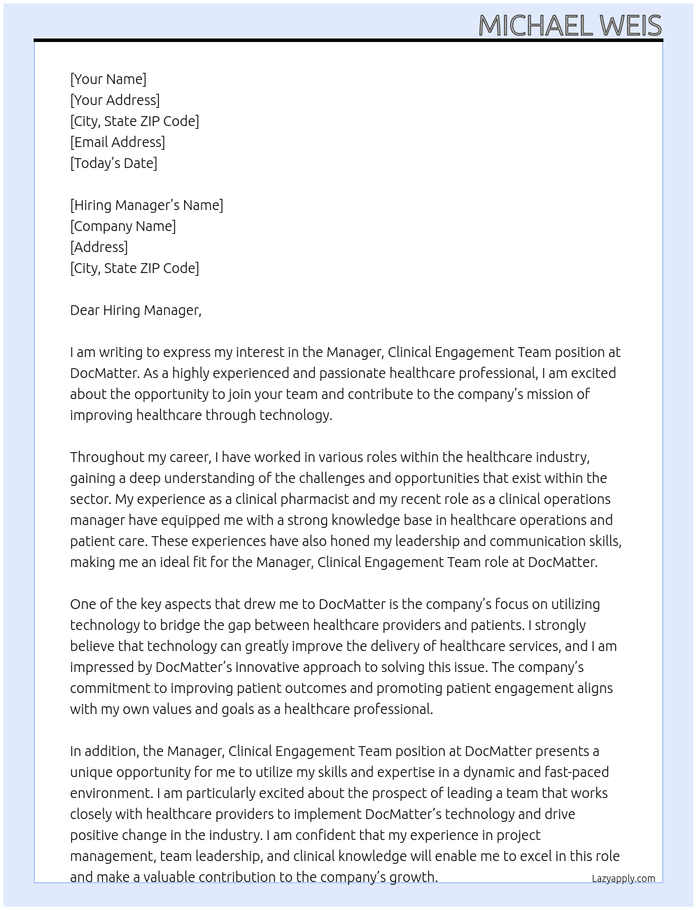 Manager, Clinical Engagement Team At DocMatter Cover Letter