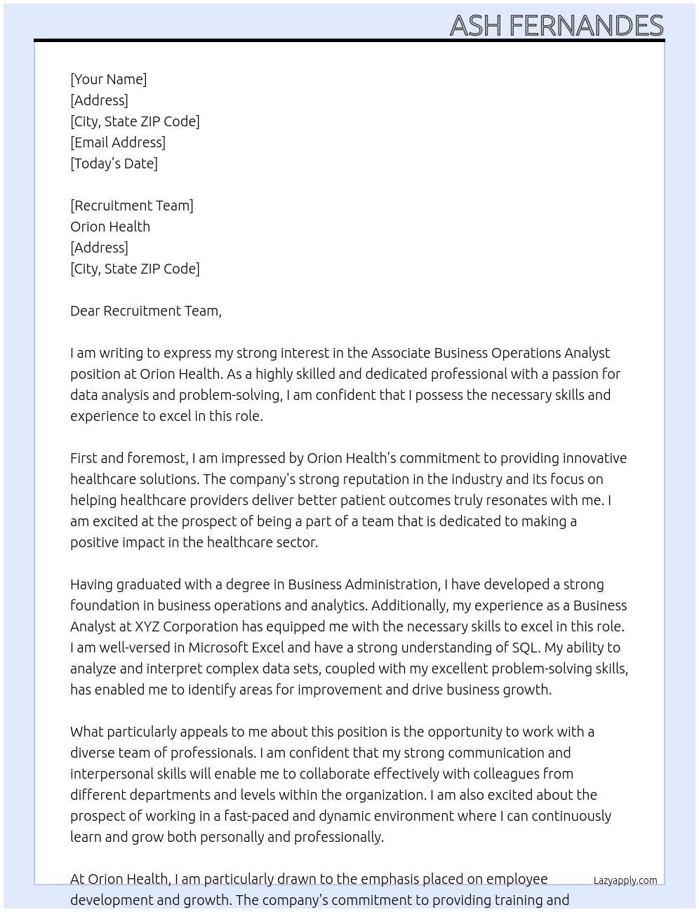 Associate Business Operations Analyst At Orion Health Cover Letter
