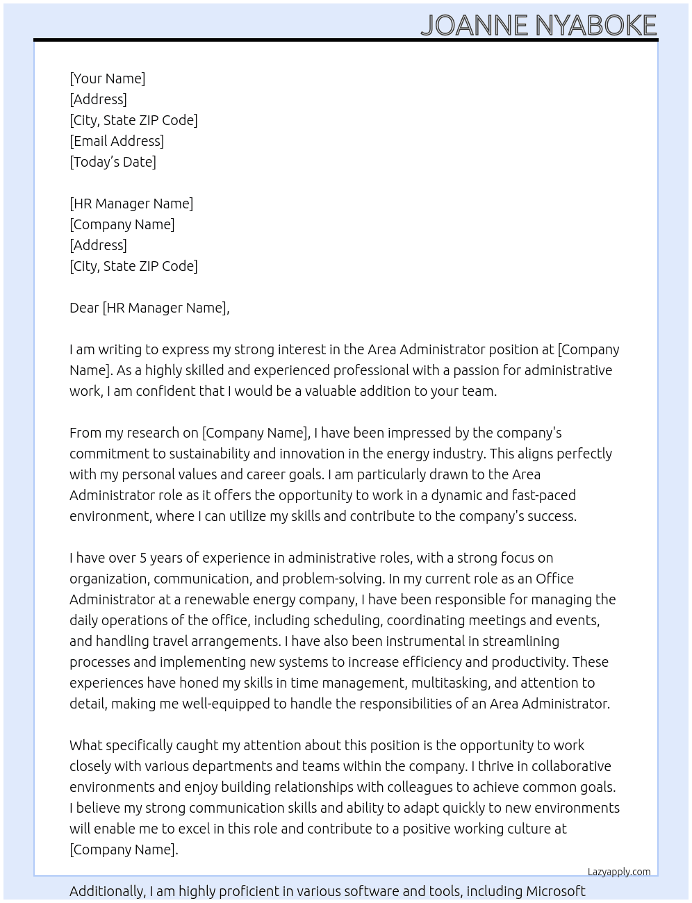 area administrator At engie Cover Letter
