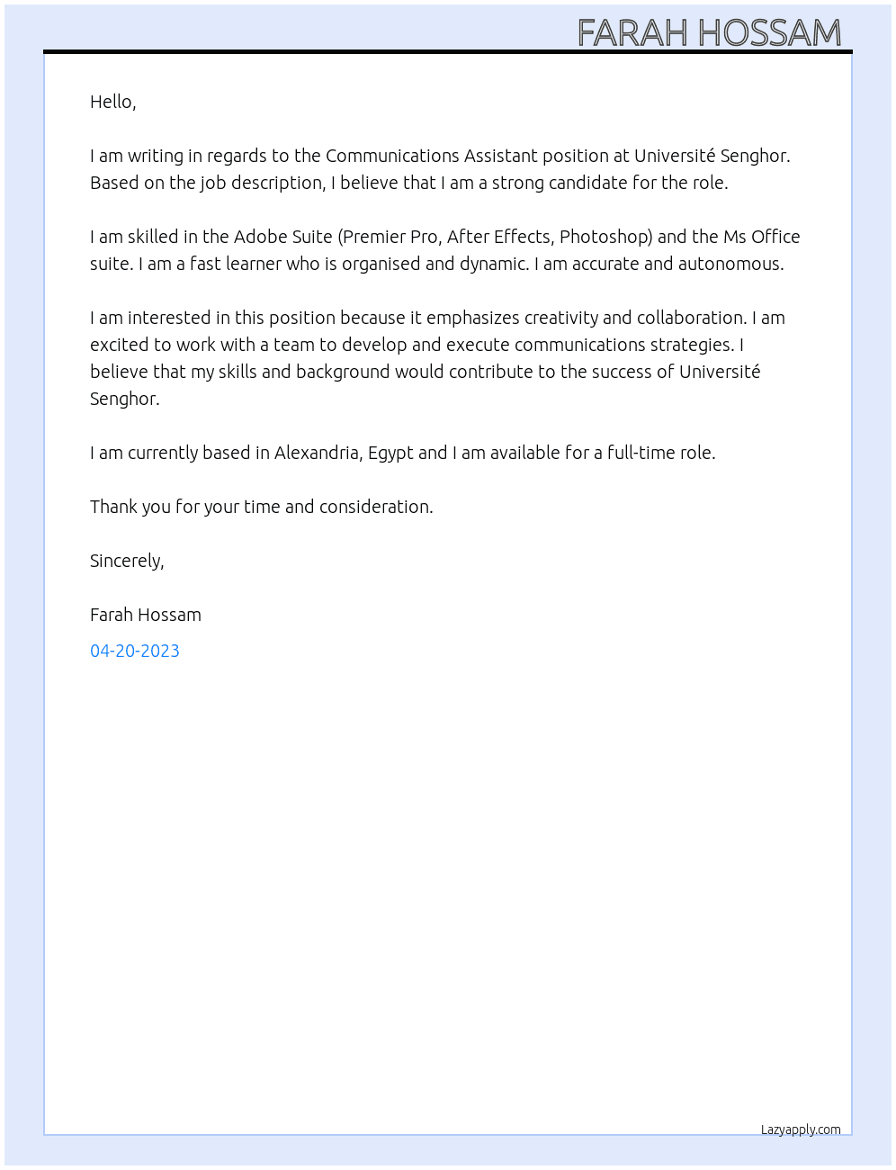 Communications Assistant  At Université Senghor Cover Letter