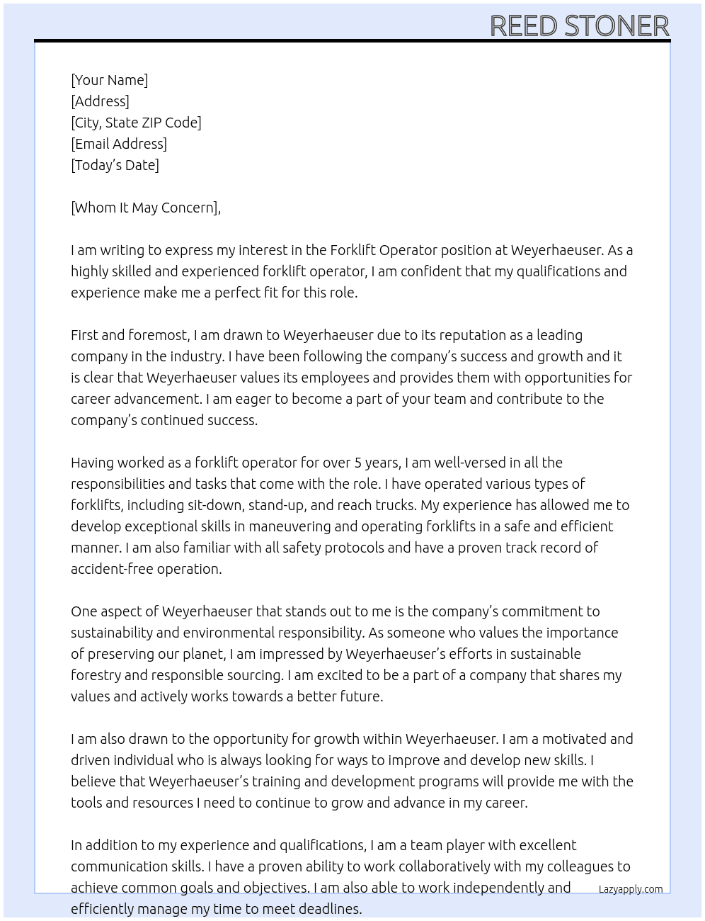 Forklift Operator At Weyerhaeuser Cover Letter