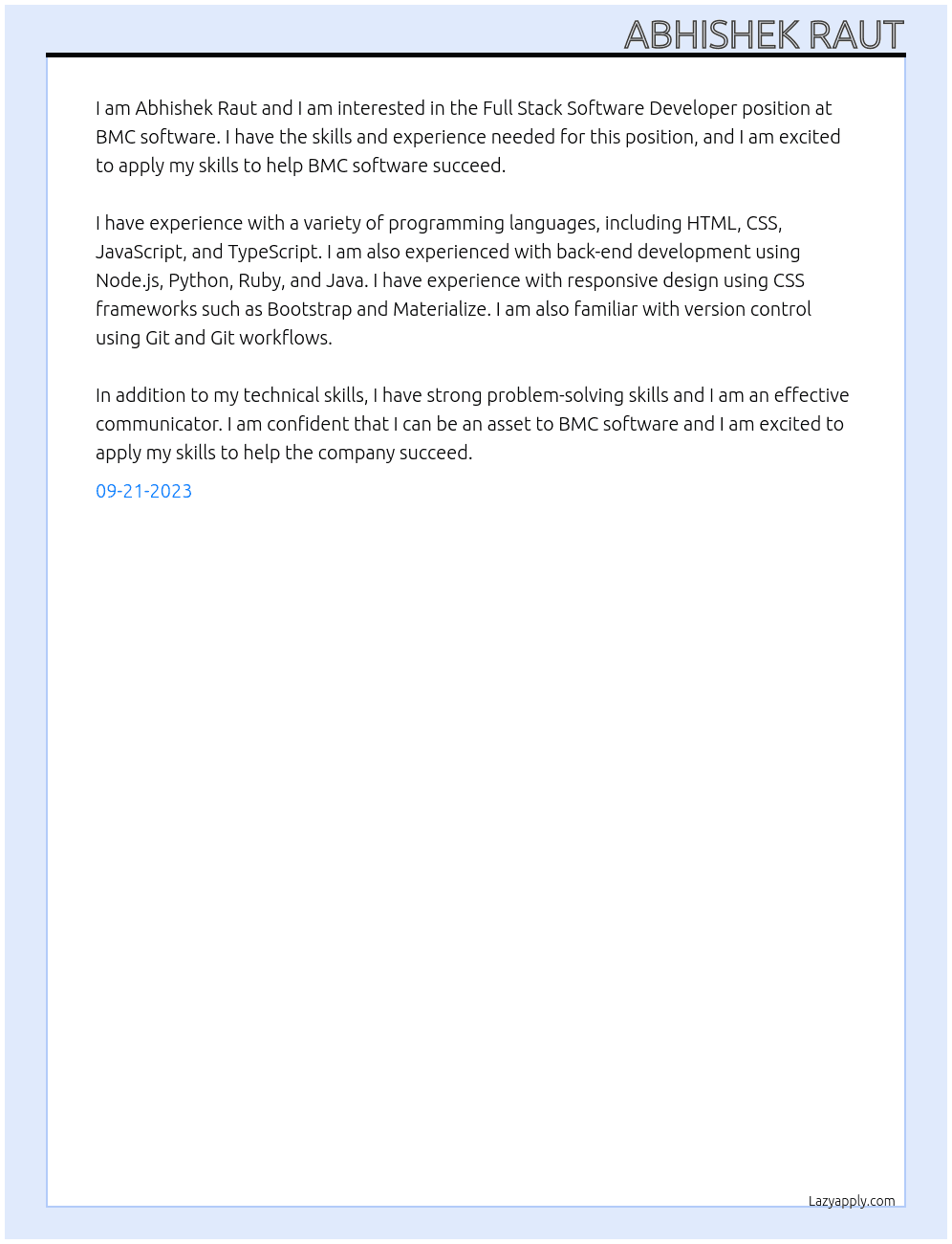 Full Stack Software Developer At BMC software Cover Letter