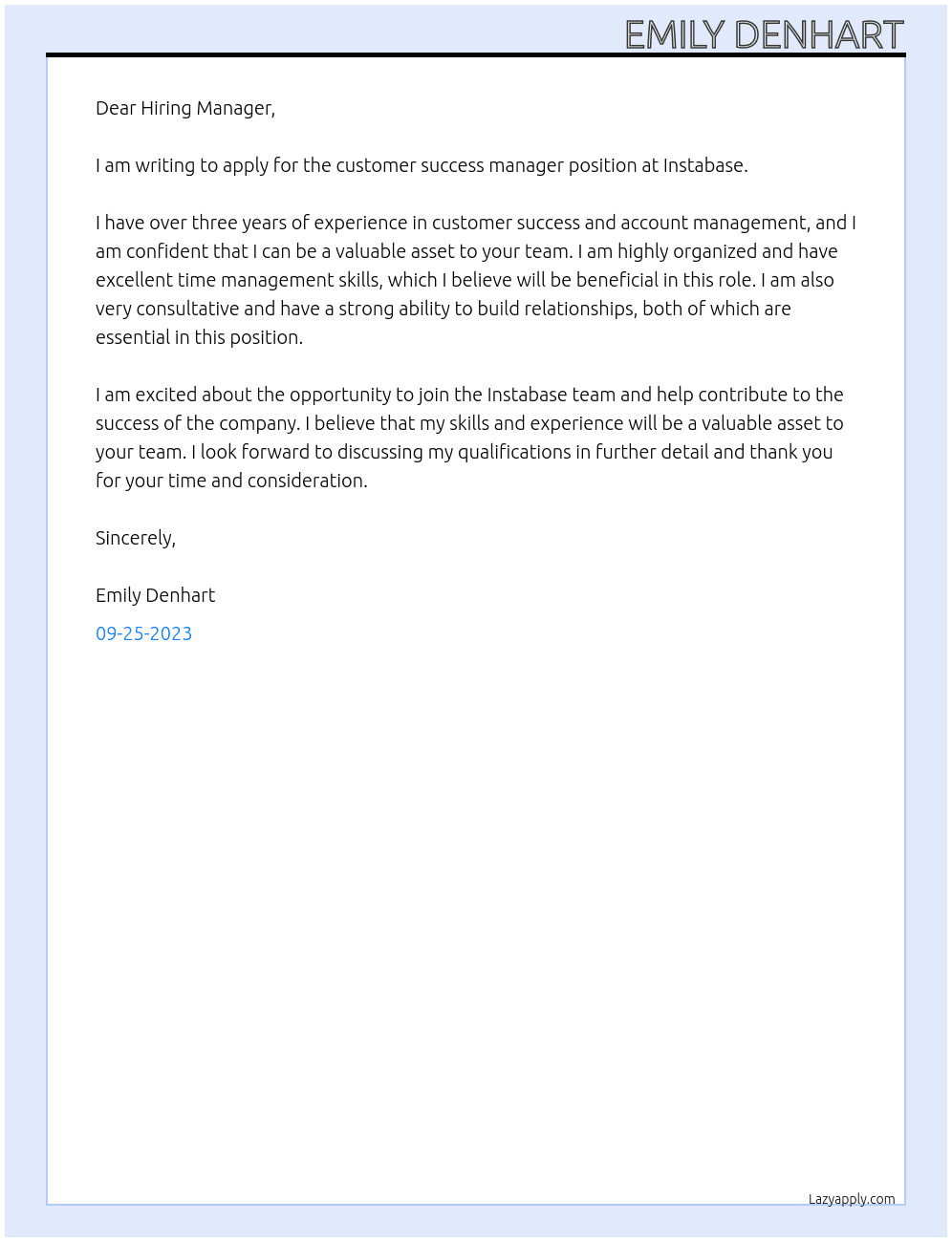 customer success manager At Instabase Cover Letter