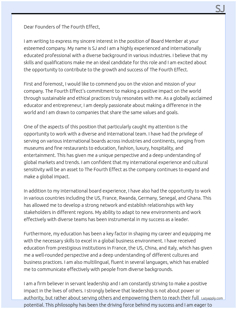 Board member At The fourth effect Cover Letter