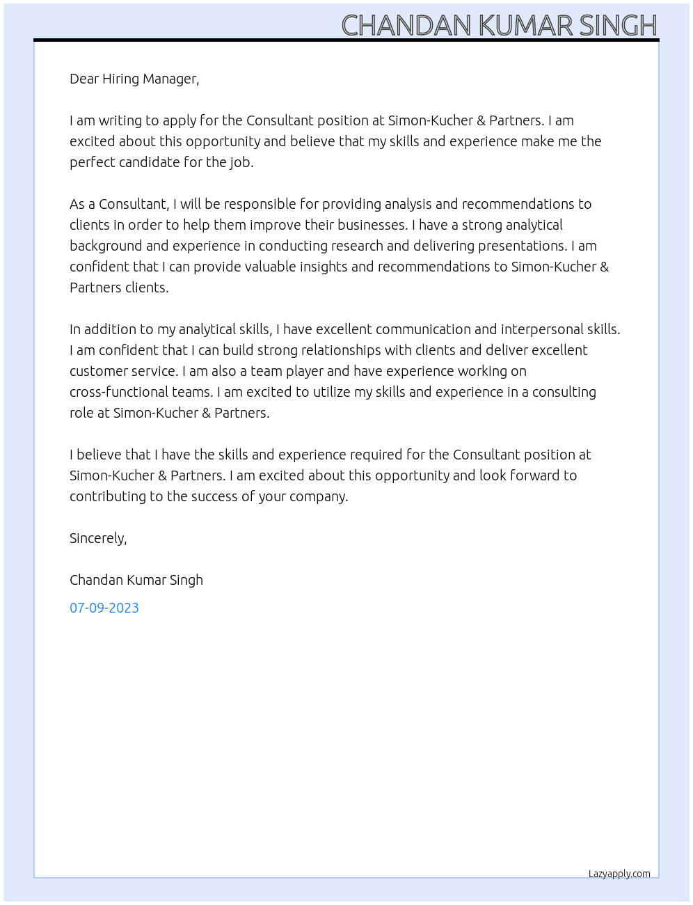 Consultant At Simon-Kucher & Partners Cover Letter