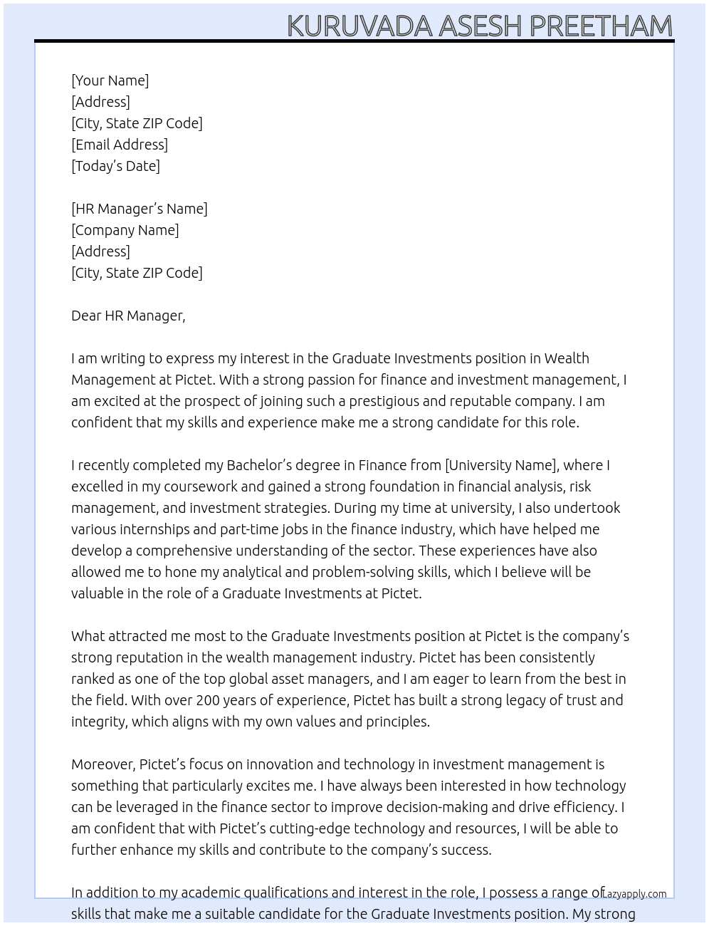 Graduate Investments -Wealth Management At Pictet Cover Letter