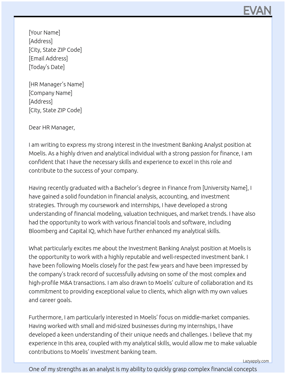 Investment Banking Analyst At Moelis Cover Letter
