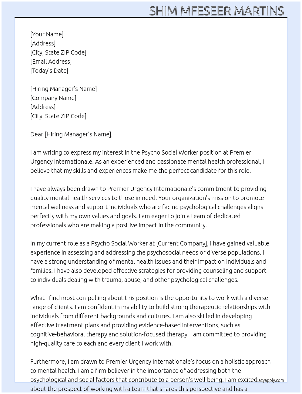 Psycho social worker At Premier urgency Internationale  Cover Letter