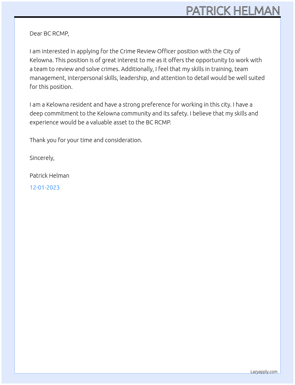 Crime Review Officer At BC RCMP Cover Letter