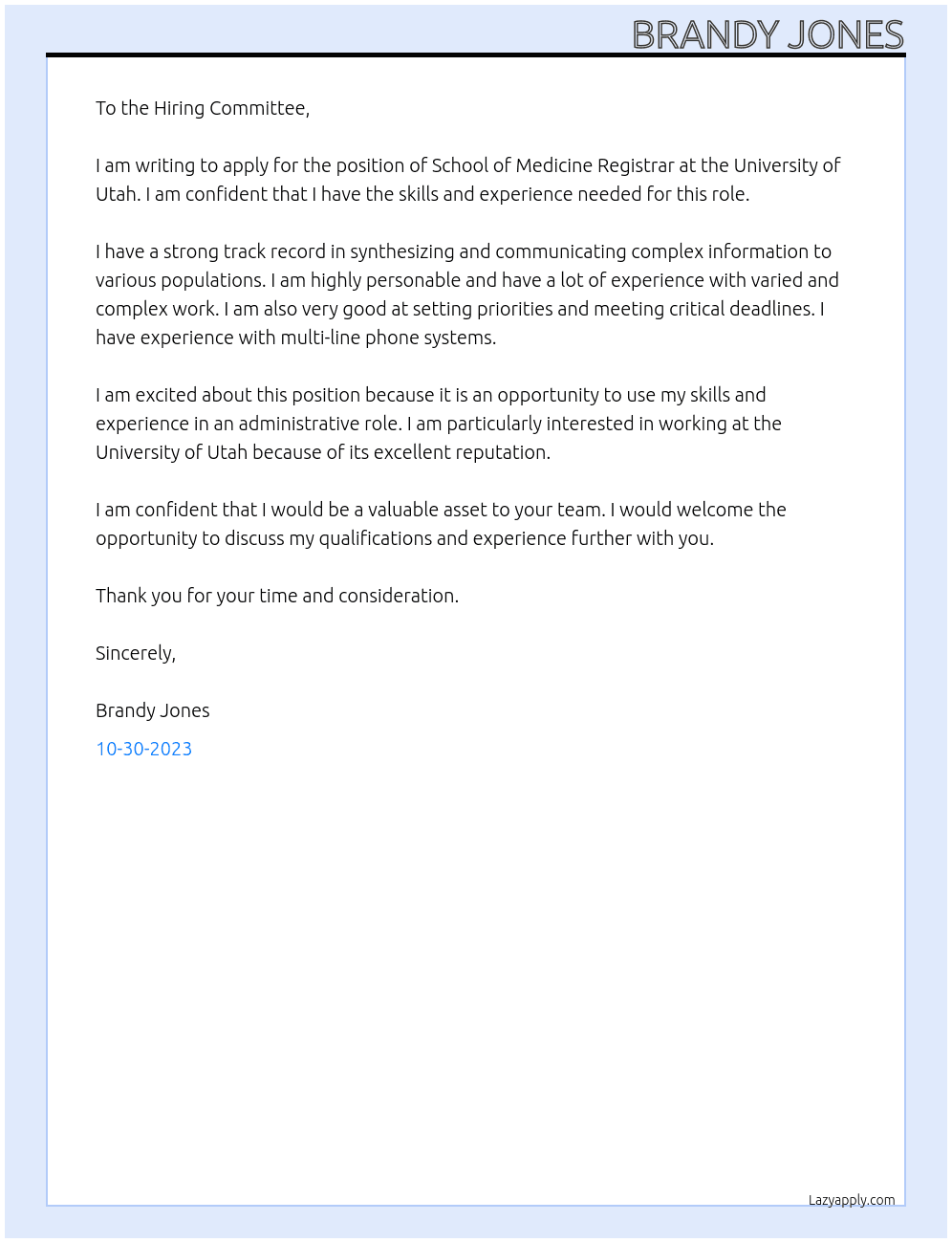 School of Medicine Registrar At University of Utah Cover Letter