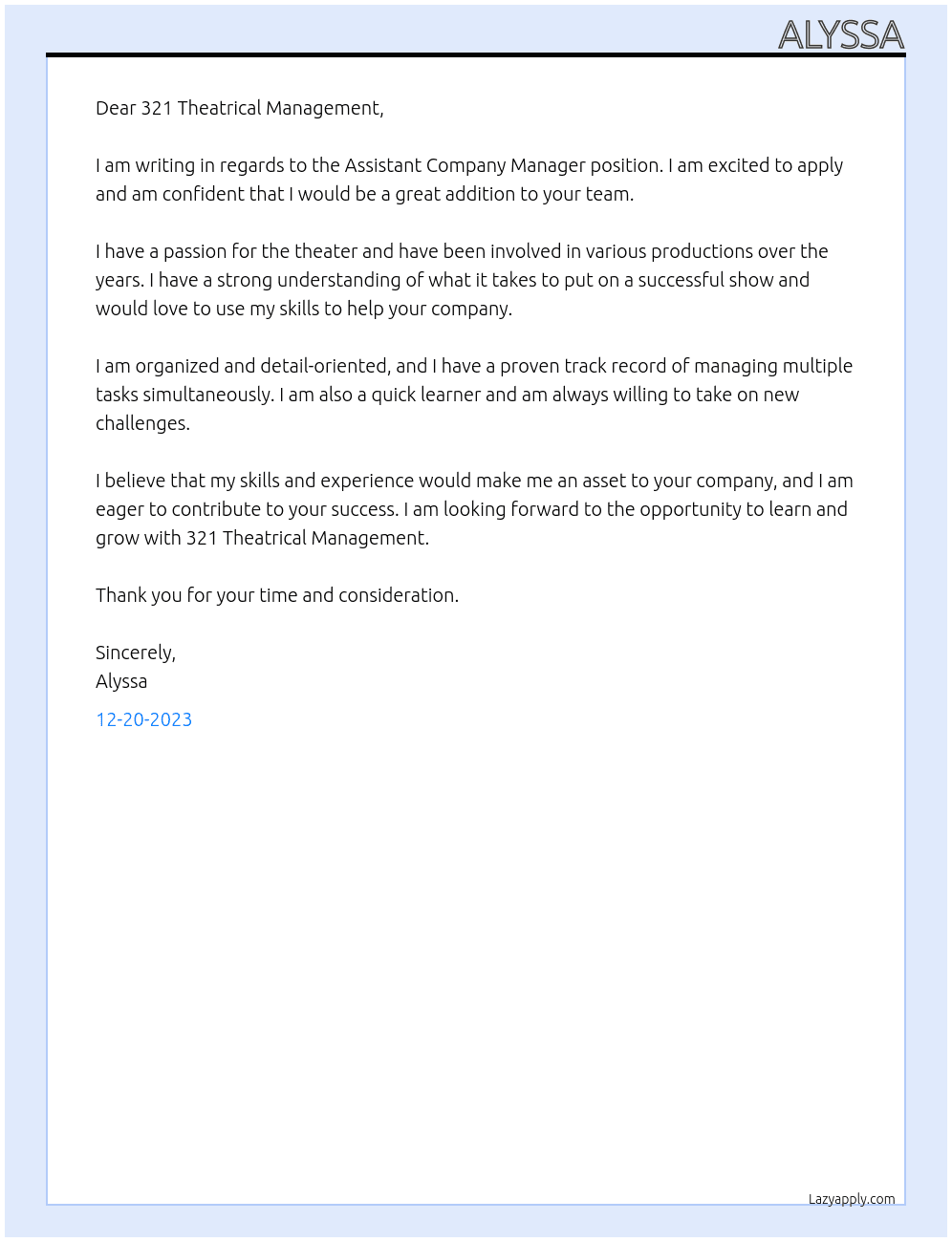 Assistant Company Manager At 321 Theatrical Management Cover Letter