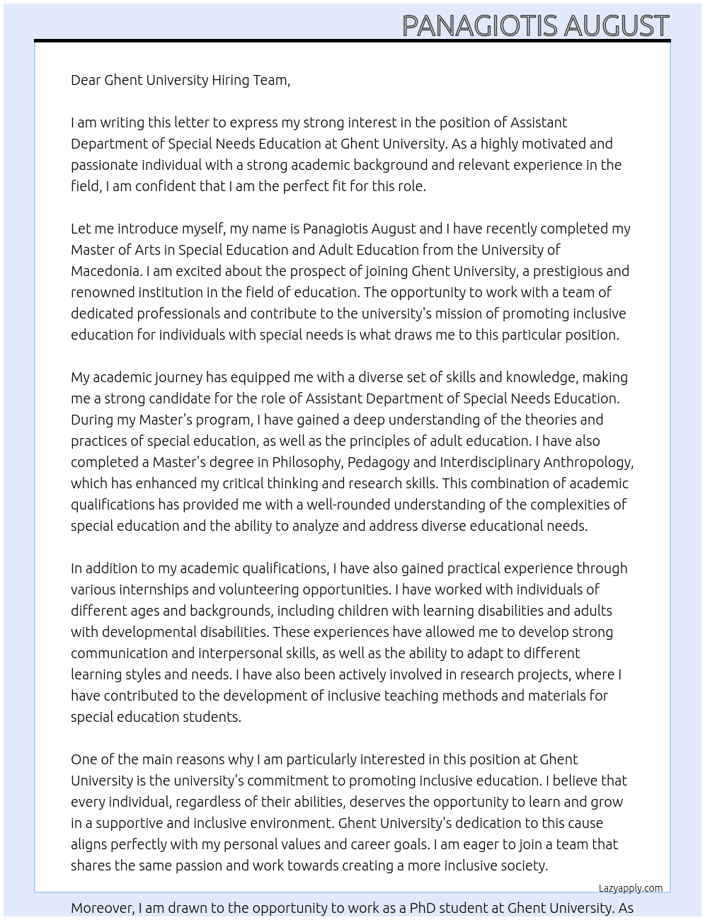 Assistant department Special Needs Education At Ghent University Cover Letter