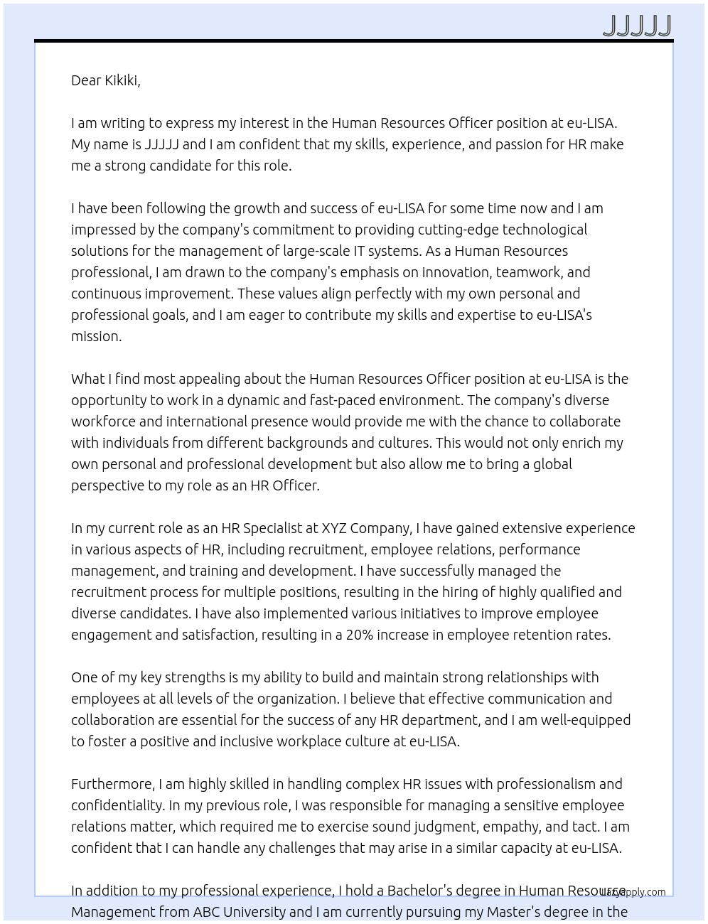 Human resources officer At eu-LISA Cover Letter